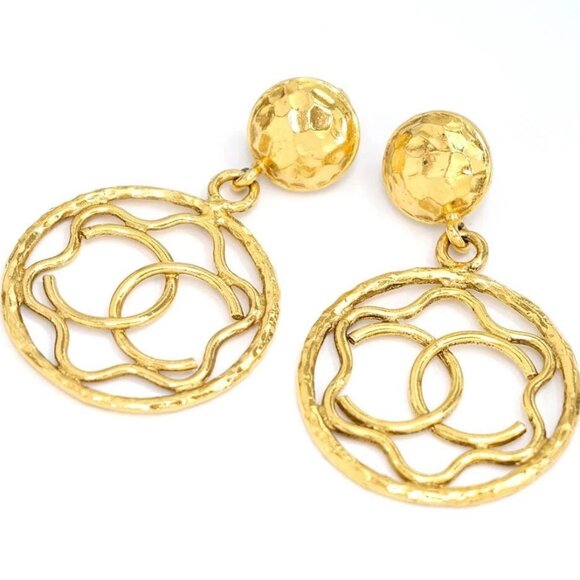CHANEL CC Logos Round Drop Dangle Clip-On Earrings Gold Tone #26792 - Picture 1 of 5